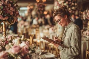 A professional event planner takes notes on floral arrangements at a stylish wedding reception filled with elegant decorations photo