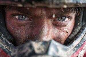 Close-up view of a motocross rider's face, revealing dirty skin and piercing eyes filled with determination during an intense race photo
