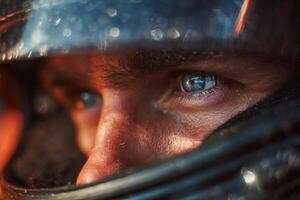 Close-up of a determined driver wearing a helmet, eyes sharp as they focus on the upcoming car race, capturing the intensity of competition photo