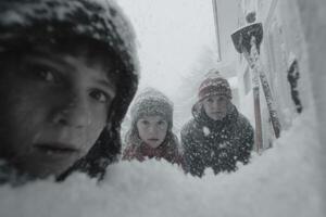 Three children look out curiously from their snowy retreat as blizzard conditions envelop their surroundings photo