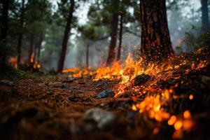 Fire consumes dry vegetation in a forest, generating sparks and thick smoke, while trees stand strong against the advancing flames photo