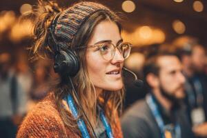 Woman with glasses and a beanie listens attentively while participating in a lively discussion at a conference setting photo