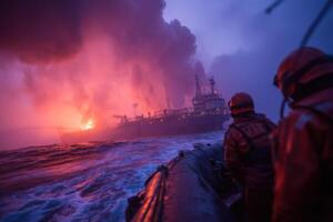 Rescuers navigate rough waters as flames engulf an oil rig, showcasing valor amid a critical emergency situation photo
