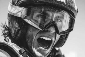 A motocross rider with a helmet and goggles passionately shouts, showcasing determination and excitement in a thrilling competition photo