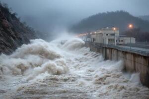 Raging water cascades over a dam as heavy rain and winds create turbulent conditions in a mountainous area at twilight photo