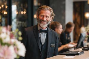 A friendly hotel receptionist greets arriving guests at the front desk in an elegant lobby filled with floral arrangements photo