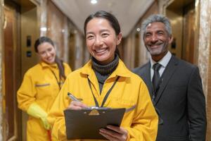 Hotel staff members take a moment to smile in the elevator area while managing their busy duties during a workday photo