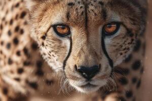 Cheetah stalks its surroundings, highlighting intense gaze and distinctive markings in a natural setting under sunlight photo