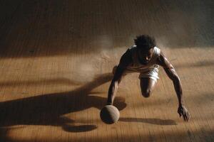 Athlete showcases agility and determination while chasing a basketball on a wooden gym floor under dramatic lighting photo