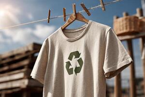 A light-colored t-shirt featuring a green recycling logo hangs on a clothesline under a clear sky during the day, surrounded by wooden pallets photo