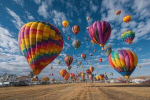 Spectacular hot air balloons of various colors ascend into a clear sky at a festival, showcasing a vibrant display of patterns and designs photo