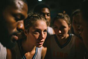 Players in a huddle intensely discuss strategy as they prepare for the final minutes of a competitive basketball game photo