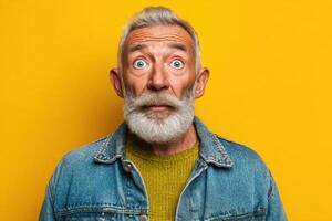 A senior man wearing a denim jacket and green sweater displays a surprised expression against a vibrant yellow backdrop photo