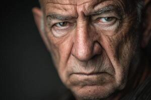 An elderly man gazes intensely with furrowed brows, highlighting his age and emotion against a dark backdrop photo