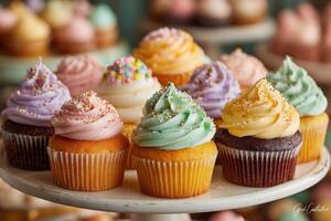 A variety of cupcakes with pastel frosting and sprinkles is showcased on a tiered stand in a cozy bakery setting photo