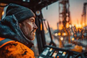 A worker focused on his task operates heavy machinery, watching a stunning sunset glow through the rig windows, creating a warm atmosphere photo