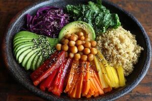 A vibrant selection of avocado, peppers, and greens accompanied by quinoa and chickpeas creates a healthy meal in a rustic bowl photo