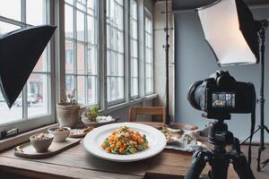 A deliciously plated dish is showcased in a well-lit restaurant with photography equipment set up nearby, creating a warm atmosphere photo