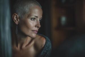 A woman with short hair and earrings focuses intensely while sitting in a dimly lit room, contemplating her surroundings photo