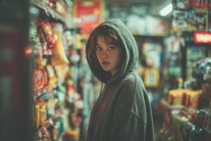 A girl with a hoodie stands between shelves filled with snacks in a convenience store, contemplating her choices during the evening photo