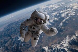 An astronaut performs a spacewalk outside the spacecraft, showcasing Earth below with mountain ranges and clouds in view photo