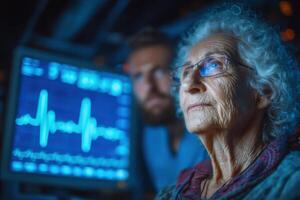 Healthcare staff observes an elderly patient's heart rate on a monitor while providing attentive care in a medical setting at night photo