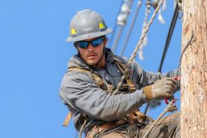 A skilled worker in a hard hat and sunglasses climbs a utility pole, preparing to conduct maintenance on electrical wiring under clear skies photo