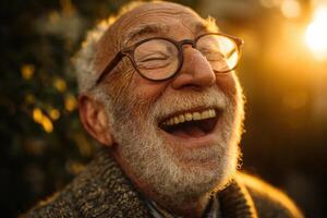 An elderly man with glasses smiles widely, reveling in a happy moment as the sun sets in a warm outdoor setting photo