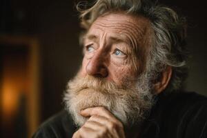 An elderly man with a white, curly beard rests his chin on his hand, pondering life's mysteries in warm, inviting light photo