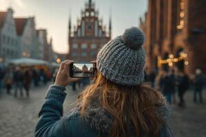 A woman wearing a knitted hat captures the beauty of an impressive building in a lively town square at sunset photo