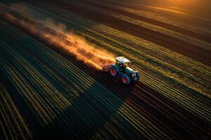 A tractor is working the farmland at sunset, creating dust clouds over freshly turned soil, illustrating autumn harvest preparation photo