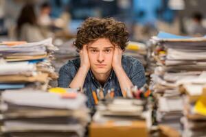Young man looks stressed with his head in his hands surrounded by cluttered paperwork on an office desk during a busy workday photo