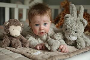 A baby is exploring and playing with plush toys on a soft blanket in a warmly decorated nursery setting photo