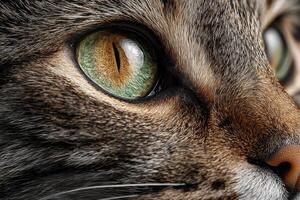 A detailed view of a cat's face highlights its striking fur patterns and captivating eyes, immersed in soft natural light photo
