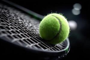A vibrant green tennis ball sits on the strings of a tennis racket, illuminated by soft lights, suggesting a dynamic match photo