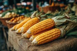 Ears of bright yellow corn are arranged on a burlap surface, surrounded by fresh produce in a bustling market photo