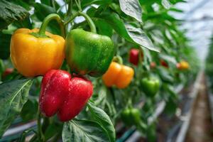Bell peppers in various colors are thriving in a greenhouse, showcasing lush green leaves and vibrant hues photo