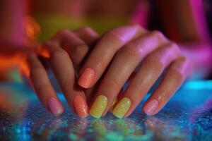 Hands showcase a gradient of glitter nail polish shades in a lively setting with colorful lighting and reflections, creating an energetic atmosphere photo