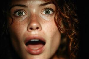 A person with curly hair displays an expression of surprise in low lighting, emphasizing the vividness of their green eyes and freckles photo