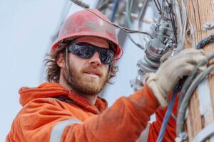A worker wearing sunglasses and a hard hat is safely installing electrical components on a utility pole in snowy conditions photo