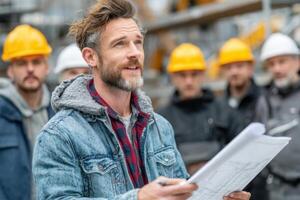 A construction site manager presents plans to a group of workers in hard hats, focusing on teamwork and project details amidst machinery photo