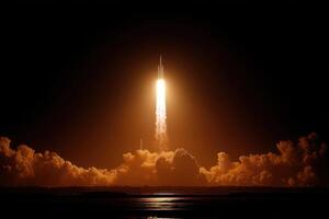 Bright flames erupt from the rocket as it ascends into the night sky, leaving a trail of smoke against the dark backdrop, inspiring awe photo