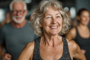Seniors engage in an energetic fitness class, smiling and encouraging each other in a well-lit gym atmosphere during the morning photo