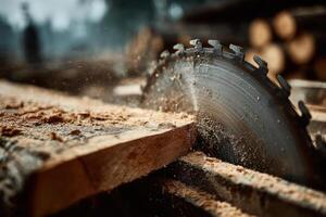 A circular saw is cutting a log, sending sawdust into the air in a lumberyard filled with timber during the daytime photo