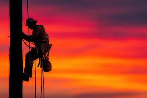 A worker ascends a utility pole as a stunning sunset paints the sky in rich hues of orange and purple, creating a dramatic backdrop photo