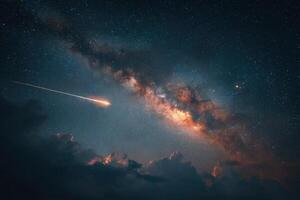 Bright Milky Way galaxy illuminates the night sky as a meteor streaks across the dark blue expanse above the clouds photo