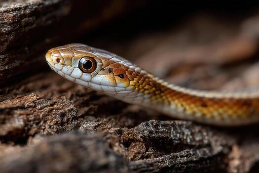 A vibrant snake moves smoothly along rough bark, showcasing its intricate patterns under bright sunlight in a natural habitat photo