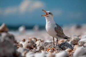 A seagull calls out while perched on rocks mixed with seashells, enjoying a sunny day by the bright blue ocean photo