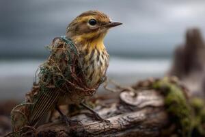A small bird is entangled in colorful fishing net while perched on a weathered log near the shoreline, highlighting environmental concerns photo