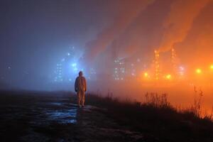A solitary figure in a protective suit wanders through a foggy industrial area illuminated by colorful factory lights during nighttime photo